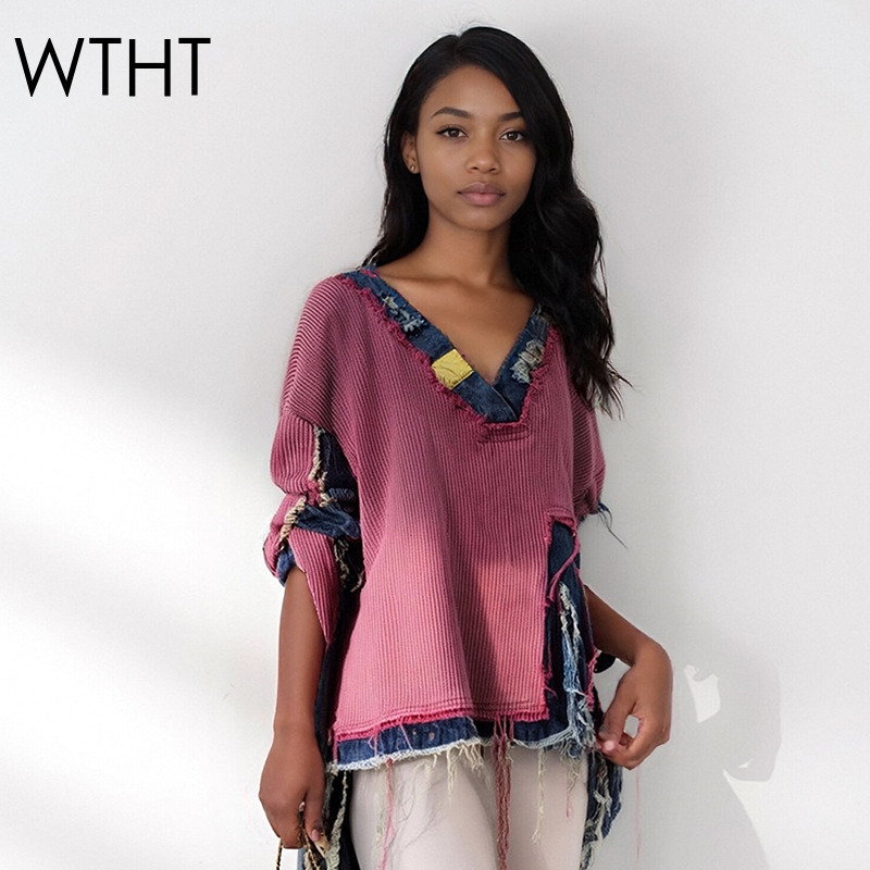 Vintage Fashion Influencers - WTHT moda mujer Denim empalmado suéter