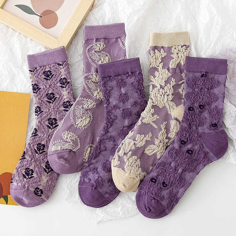 Retro Vintage Korean Fashion - Calcetines de algodón con bordado Floral