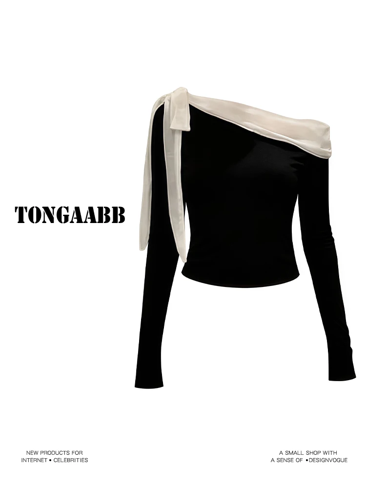 Camiseta negra con cuello obli - Retro Vintage Korean Fashion reseña y precio