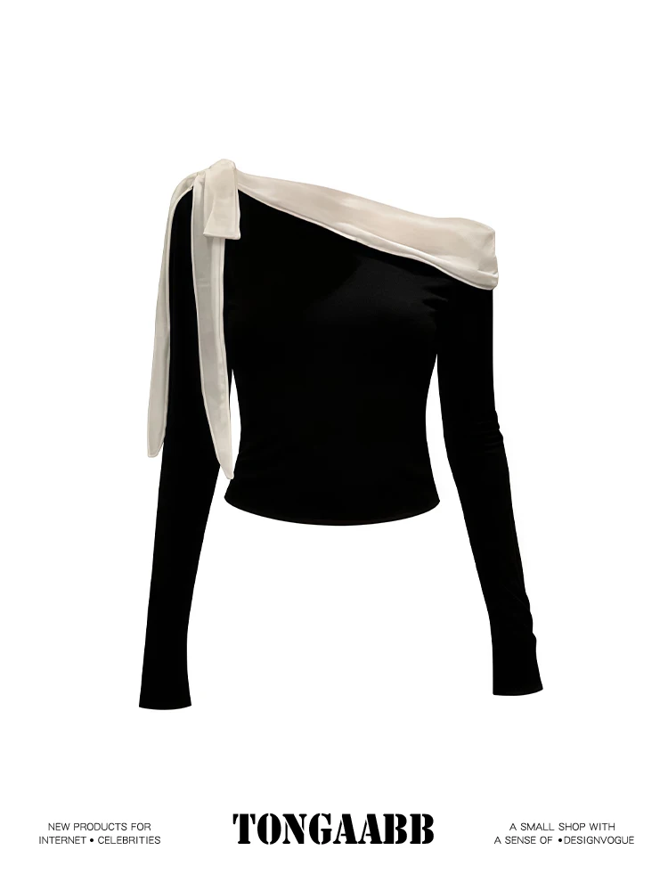 Camiseta negra con cuello obli - Retro Vintage Korean Fashion reseña y precio
