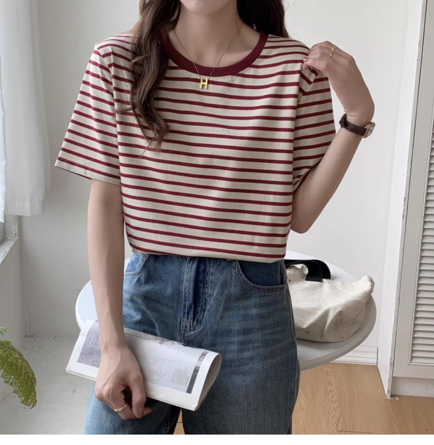 Camiseta Vintage a Rayas para  - Retro Vintage Korean Fashion reseña y precio